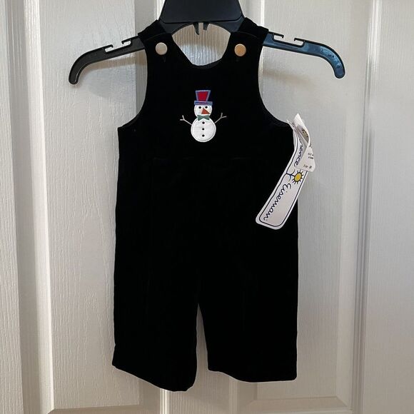 Florence Eiseman Black Velvet Snowman Longall Overalls Romper Boys 6 Months NWT - Picture 1 of 13